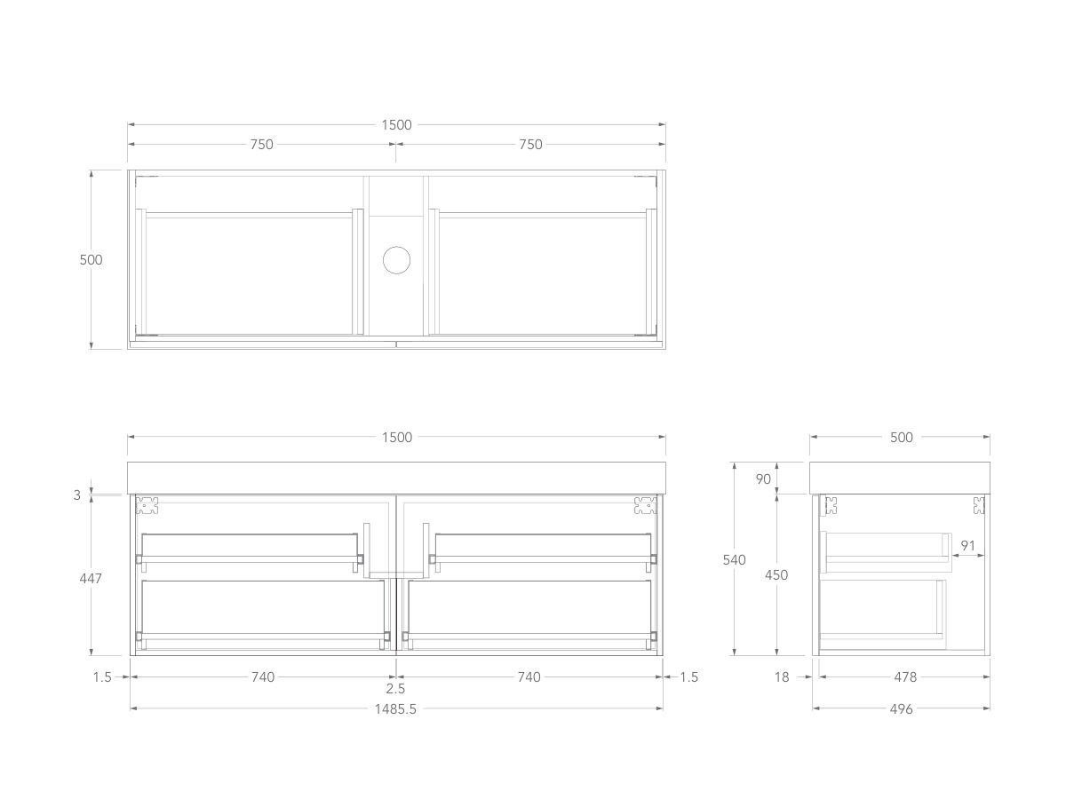 Technical Drawing - Kado Lux Slim All Drawer 1500mm Wall Hung Vanity with Centre Basin 90mm Top