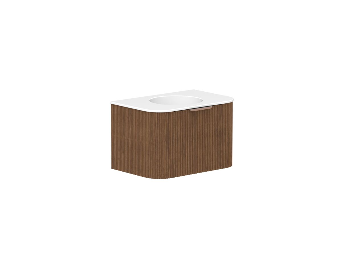Supporting Image - Kado Neue Fluted Double Curve 750mm Wall Hung Vanity Centre Basin Matte White Ceramic Top Florentine Walnut