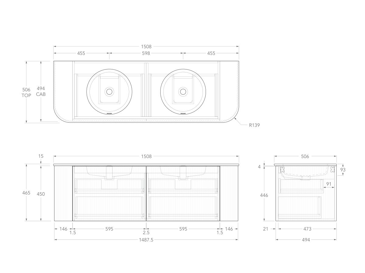Technical Drawing - Kado Neue Fluted Double Curve All Drawer 1500mm Wall Hung Vanity Double Basin Matte White Ceramic Top