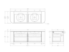Technical Drawing - Kado Neue Fluted Double Curve All Drawer 1500mm Wall Hung Vanity Double Basin Matte White Ceramic Top