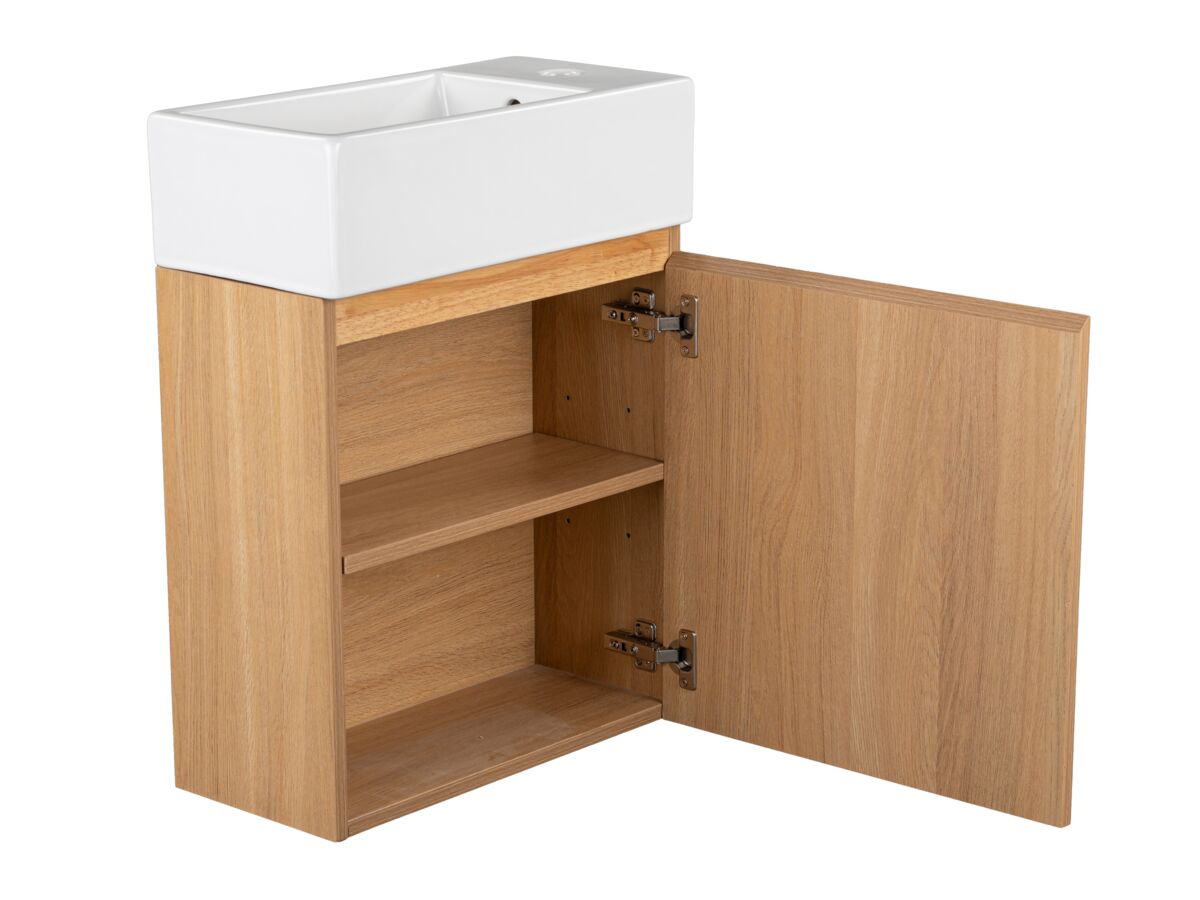 Supporting Image 2 - Posh Solus Powder Room Vanity Unit Wall Mounted Left Hand Bowl 1 Taphole Oak Finish