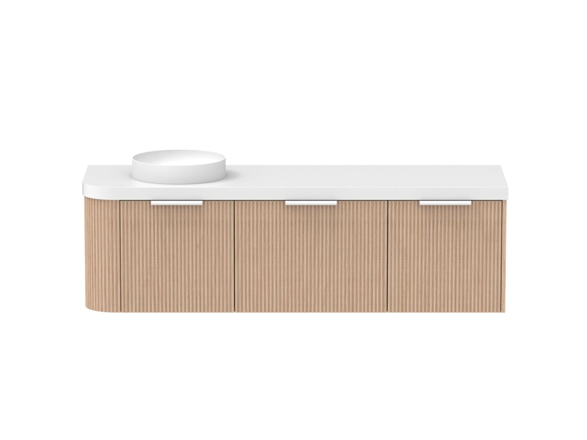 Supporting Image - Kado Neue Fluted Single Curve All Drawer 1650mm Wall Hung Vanity with Left Hand Basin Durasein 50mm Top Blonde Oak