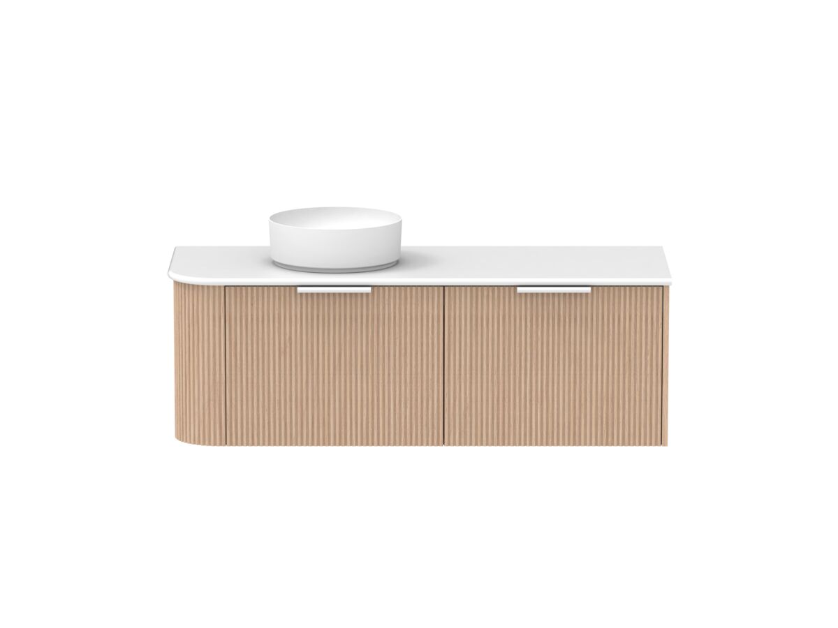 Supporting Image - Kado Neue Fluted Single Curve All Drawer 1350mm Wall Hung Vanity with Left Hand Basin 20mm Top Blonde Oak