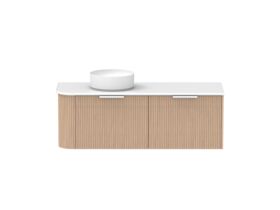 Supporting Image - Kado Neue Fluted Single Curve All Drawer 1350mm Wall Hung Vanity with Left Hand Basin 20mm Top Blonde Oak