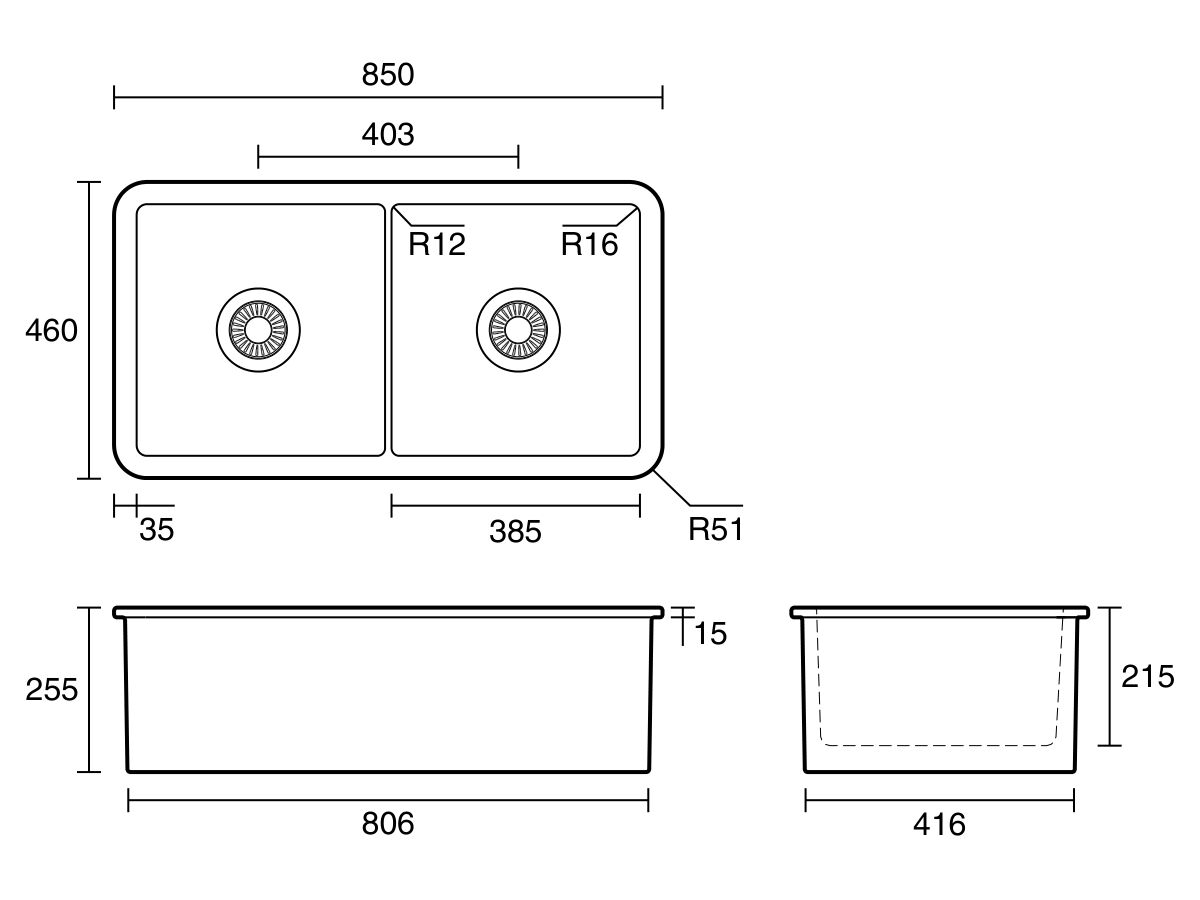 Technical Drawing - Memo Harper Double Bowl Inset/Undermount Sink 850mm Fireclay White
