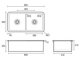 Technical Drawing - Memo Harper Double Bowl Inset/Undermount Sink 850mm Fireclay White