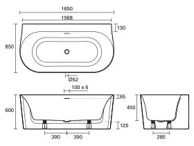 Technical Drawing - Roca Inspira Back to Wall Bath 1650mm x 850mm Overflow White