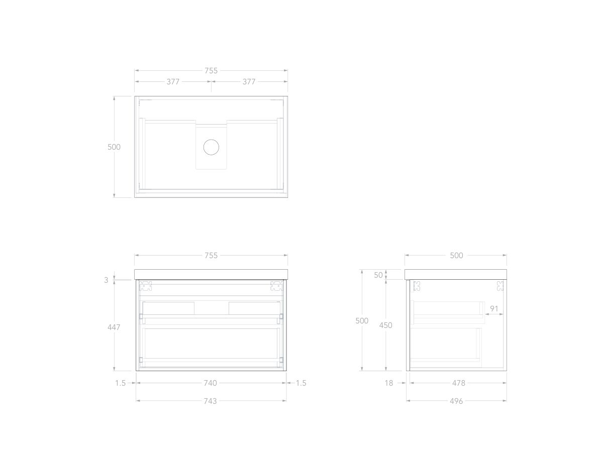 Technical Drawing - Kado Lux Slim All Drawer 750mm Wall Hung Vanity with Centre Basin 50mm Top