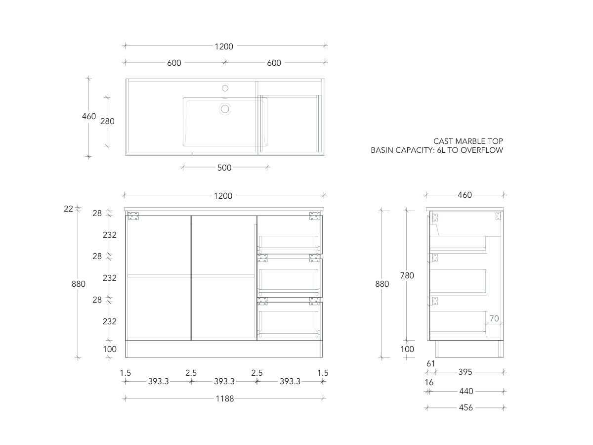 Posh Domaine Conventional 1200mm Single Bowl Floor Mounted Vanity Unit Cast Marble Top Centre Basin