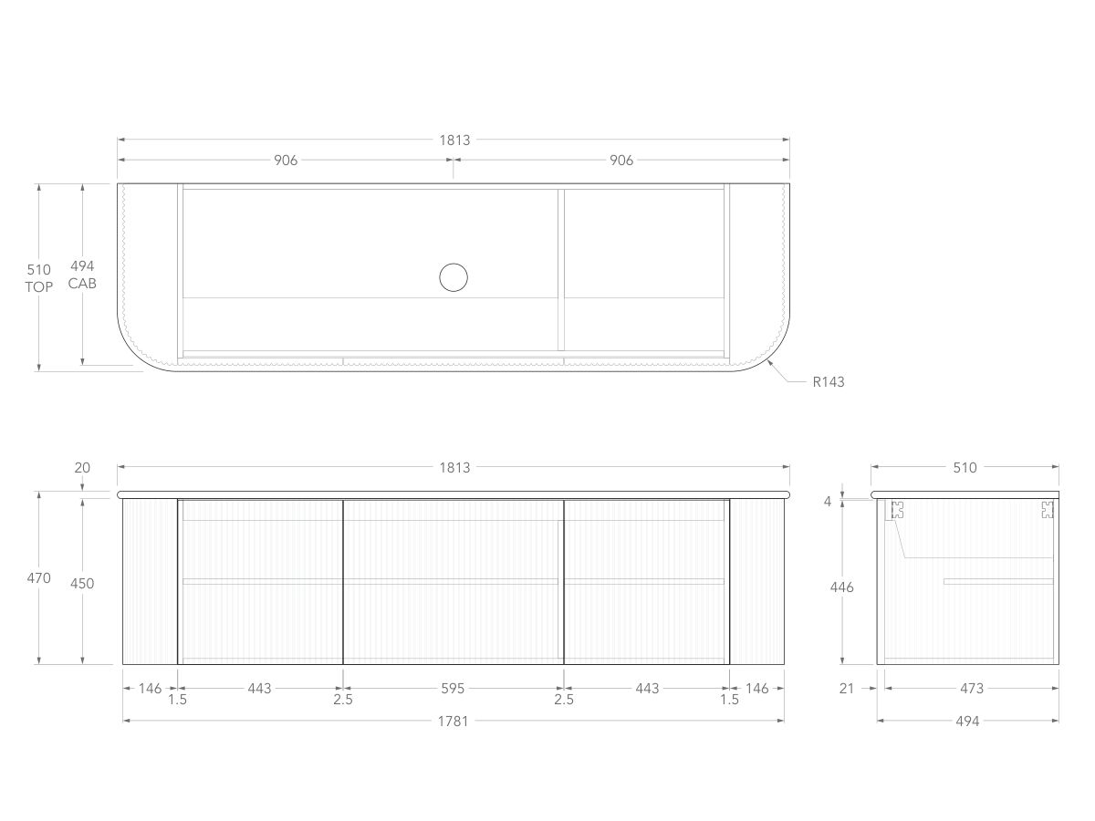 Technical Drawing - Kado Neue Fluted Double Curve All Door 1800mm Wall Hung Vanity with Centre Basin 20mm Top
