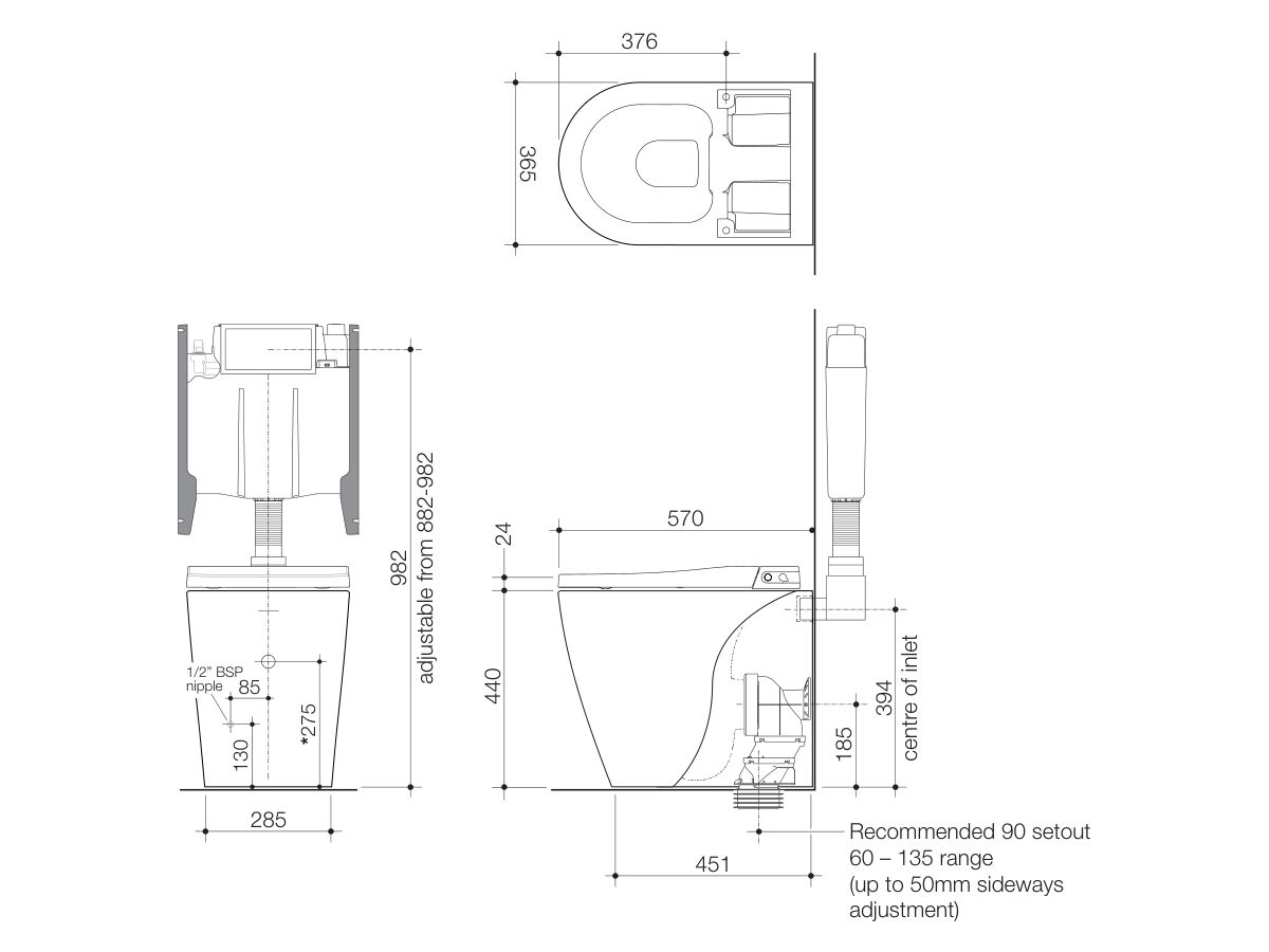 Technical Drawing - Caroma Forma II Bidet Cleanflush Invisi Back to Wall Overheight Toilet Suite Gloss White (4 Star)