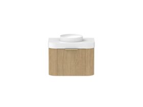 Supporting Image - Kado Neue Fluted Double Curve All Drawer 750mm Wall Hung Vanity with Centre Basin Durasein 90mm Top Boston Oak