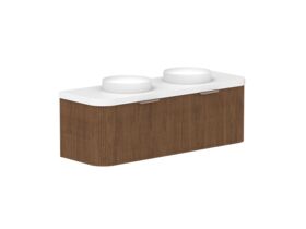 Supporting Image - Kado Neue Fluted Double Curve All Drawer 1500mm Wall Hung Vanity with Double Basin Durasein 50mm Top Florentine Walnut