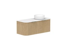 Supporting Image 2- Kado Neue Fluted Double Curve All Drawer 1200 Wall Hung Vanity with Right Hand Basin Durasein 12mm Top Boston Oak