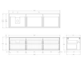 Technical Drawing - Kado Neue Fluted Square All Drawer 1800mm Wall Hung Vanity with Left Hand Basin 20mm Top