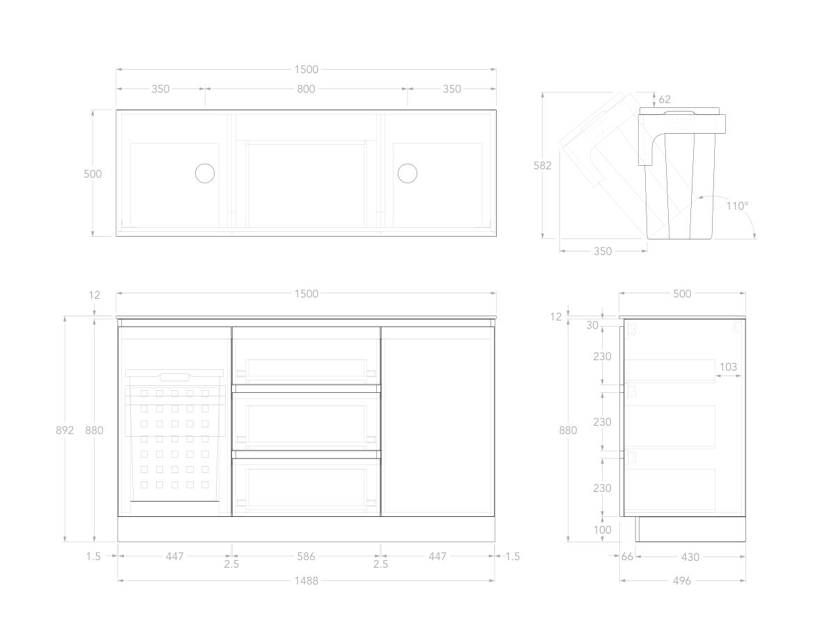 Technical Image - Posh Domaine Plus Hamper 1500 Floor Mounted Double Bowl 12mm Durasein Top