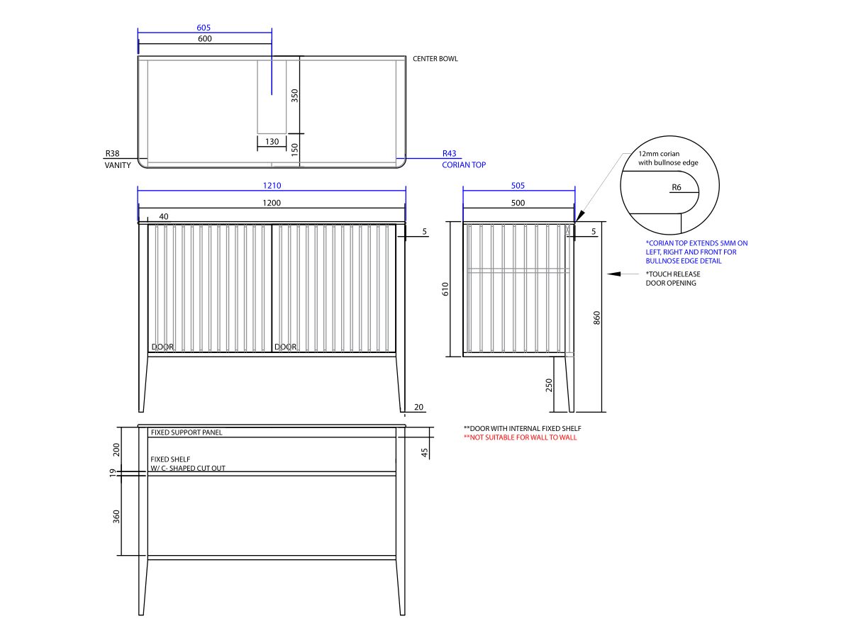 ISSY Cloud I 1200mm x 500mm x 860mm Vanity Unit with Legs 2 Touch Latch Doors Semi Inset (No Basin)