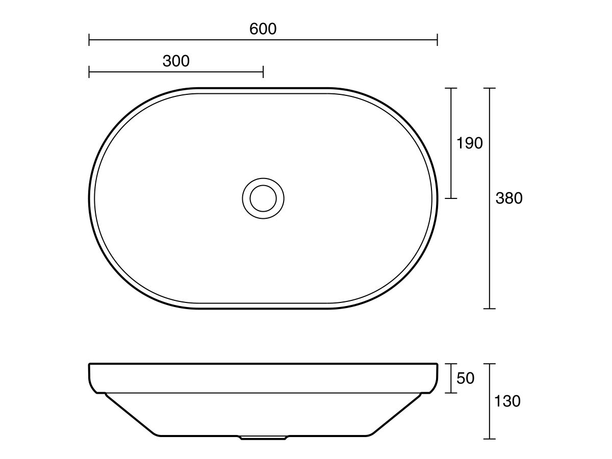 Technical Drawing - Omvivo Venice 600mm Semi Inset Basin Solid Surface White
