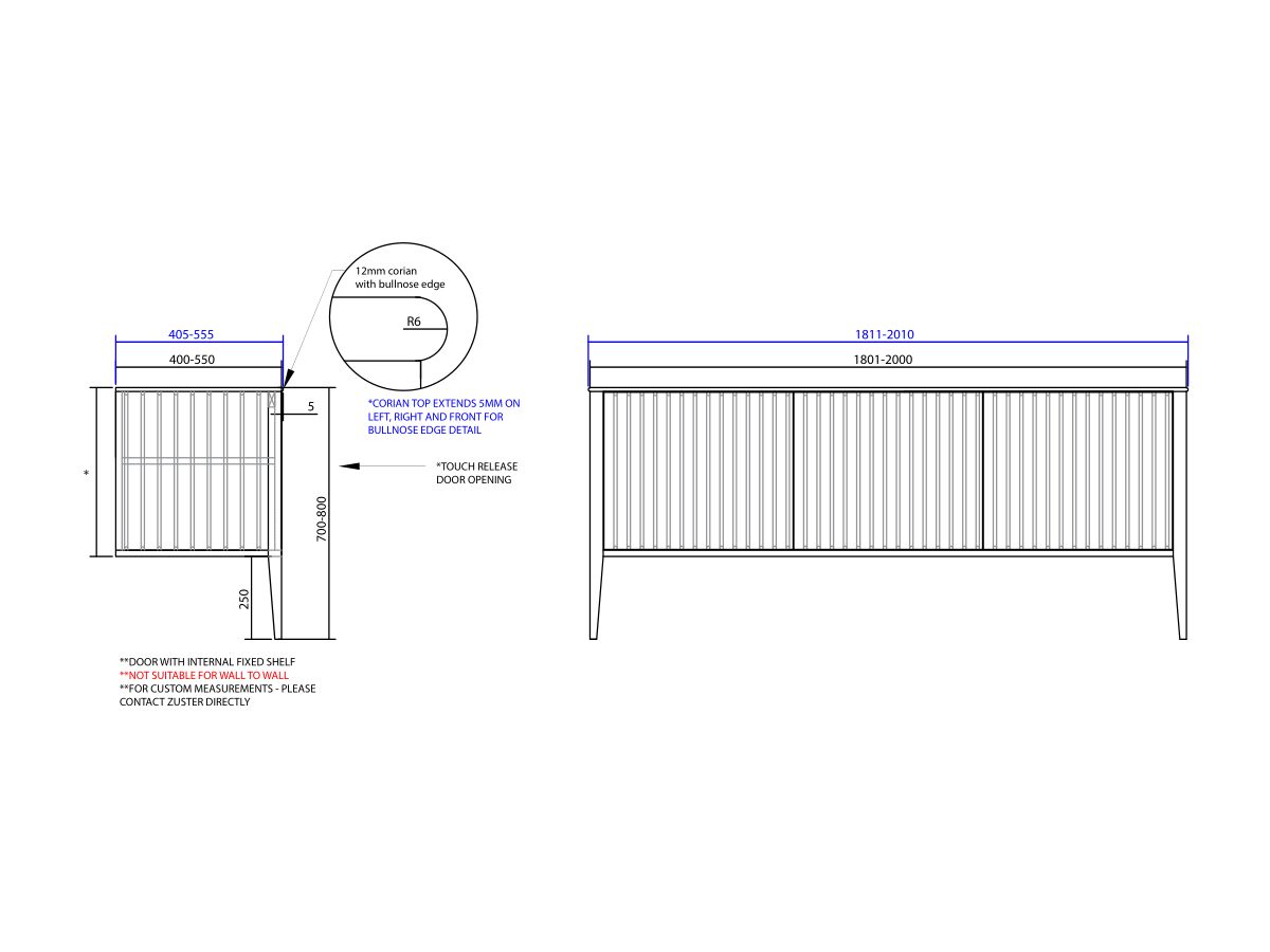 ISSY Custom Cloud I 1801-2000mm x 400-550mm x 700-800mm Vanity Unit with Legs 3 Touch Latch Doors (No Basin)