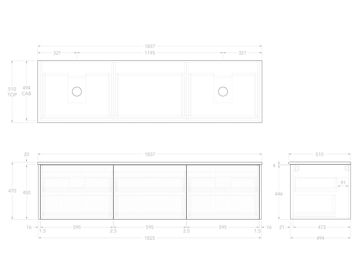Technical Drawing - Kado Neue Fluted Square All Drawer 1800mm Wall Hung Vanity with Double Basin 20mm Top