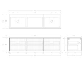 Technical Drawing - Kado Neue Fluted Square All Drawer 1800mm Wall Hung Vanity with Double Basin 20mm Top