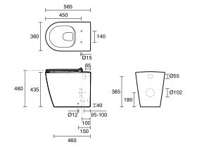 Technical Drawing - Kado Lux Rimless Plus Back To Wall Overheight Pan with Thin Soft Close Quick Release Seat (4 Star)