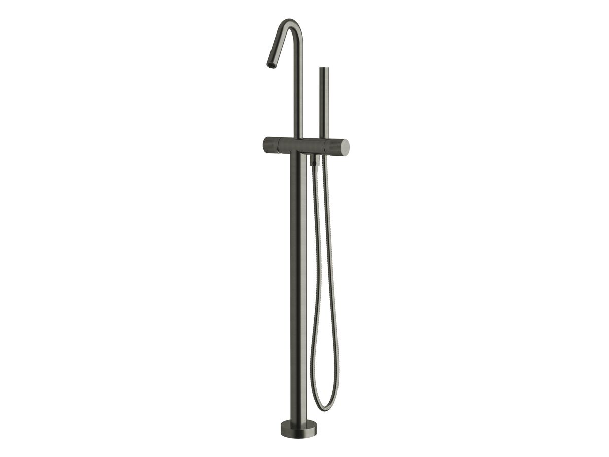 Sussex Pure Floor Mounted Bath Mixer Tap with Handshower and Linear Textured Handle Trimset PVD Brushed Gunmetal (3 Star)