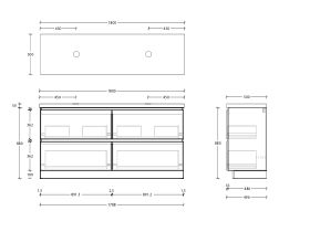 Technical Drawing - Posh Domaine All-Drawer Twin 1800mm Floor Mounted Vanity Unit Double Bowl 50mm Top