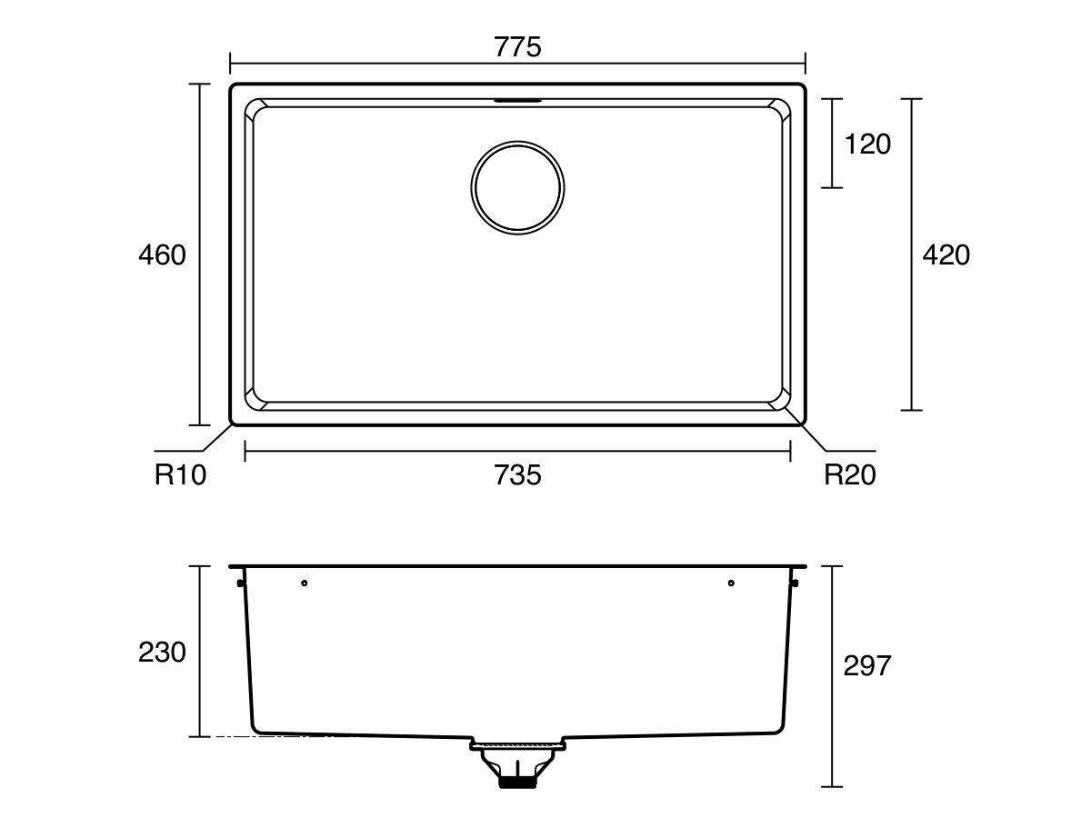 Technical Drawing - Franke Brookmore Mega Single Bowl Sink 735mm No Taphole with Overflow Stainless Steel