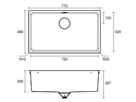 Technical Drawing - Franke Brookmore Mega Single Bowl Sink 735mm No Taphole with Overflow Stainless Steel