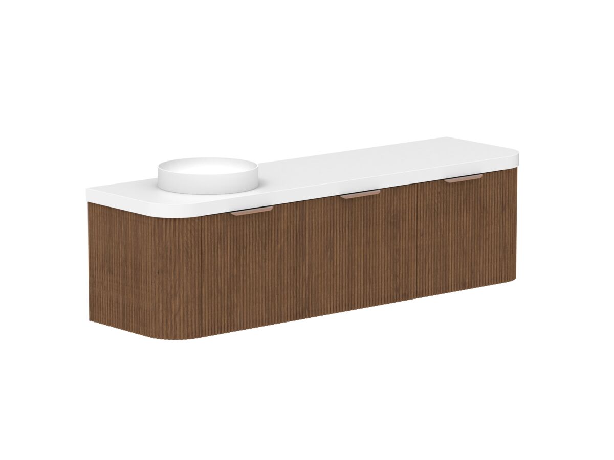 Supporting Image - Kado Neue Fluted Double Curve All Drawer 1800mm Wall Hung Vanity with Left Hand Basin Durasein 50mm Top Florentine Walnut