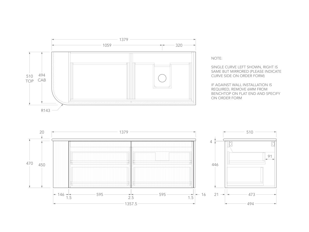 Technical Drawing - Kado Neue Fluted Single Curve All Drawer 1350mm Wall Hung Vanity with Right Hand Basin 20mm Top