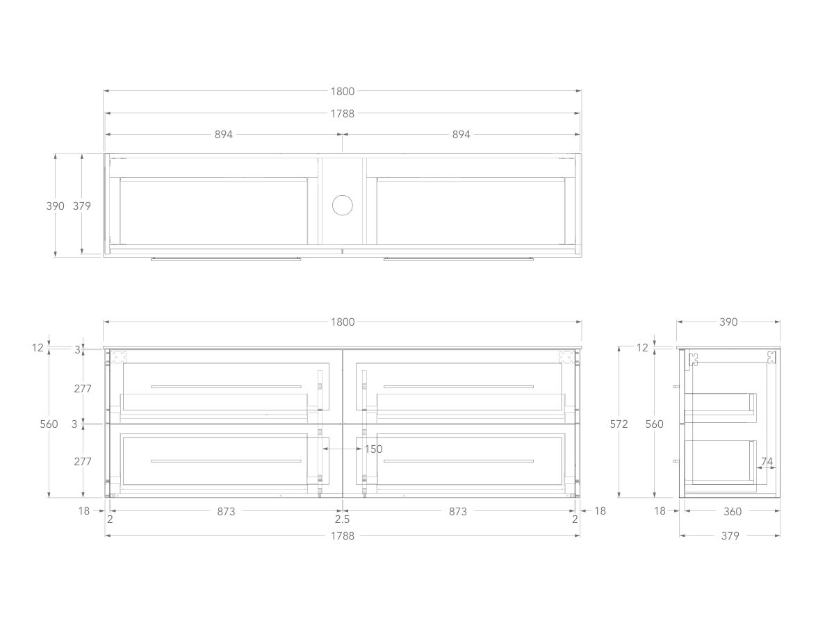 Technical Drawing - Kado Lux Ensuite All Drawer Twin 1800mm Wall Hung Centre Basin 12mm Durasein Top