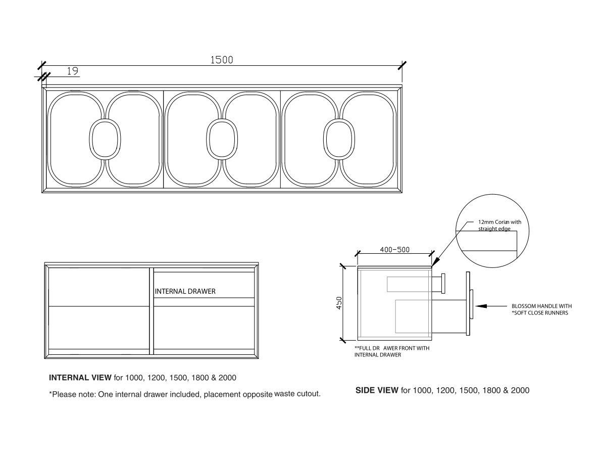 ISSY Blossom II 1500 x 400-500 x 450 Vanity Unit with Three Soft Close Drawer and One Internal Drawer, with Handle