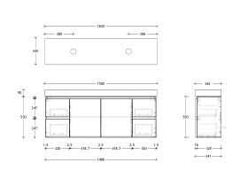 Technical Drawing - Posh Domaine 1500mm Ensuite Wall Hung Vanity Unit Double Bowl 90mm Top