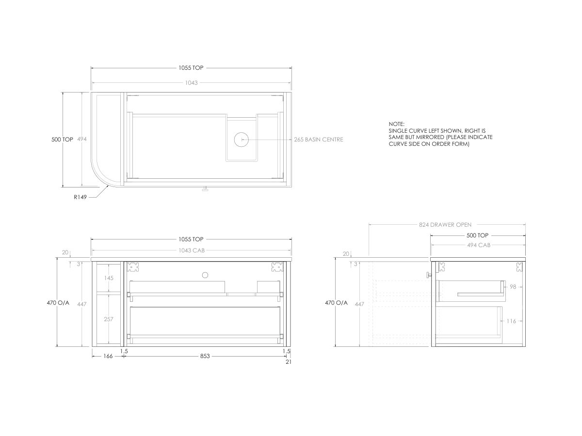 Technical Drawing - Kado Era Single Curve All Drawer 1050mm Wall Hung Vanity with Right Hand Basin 20mm Top