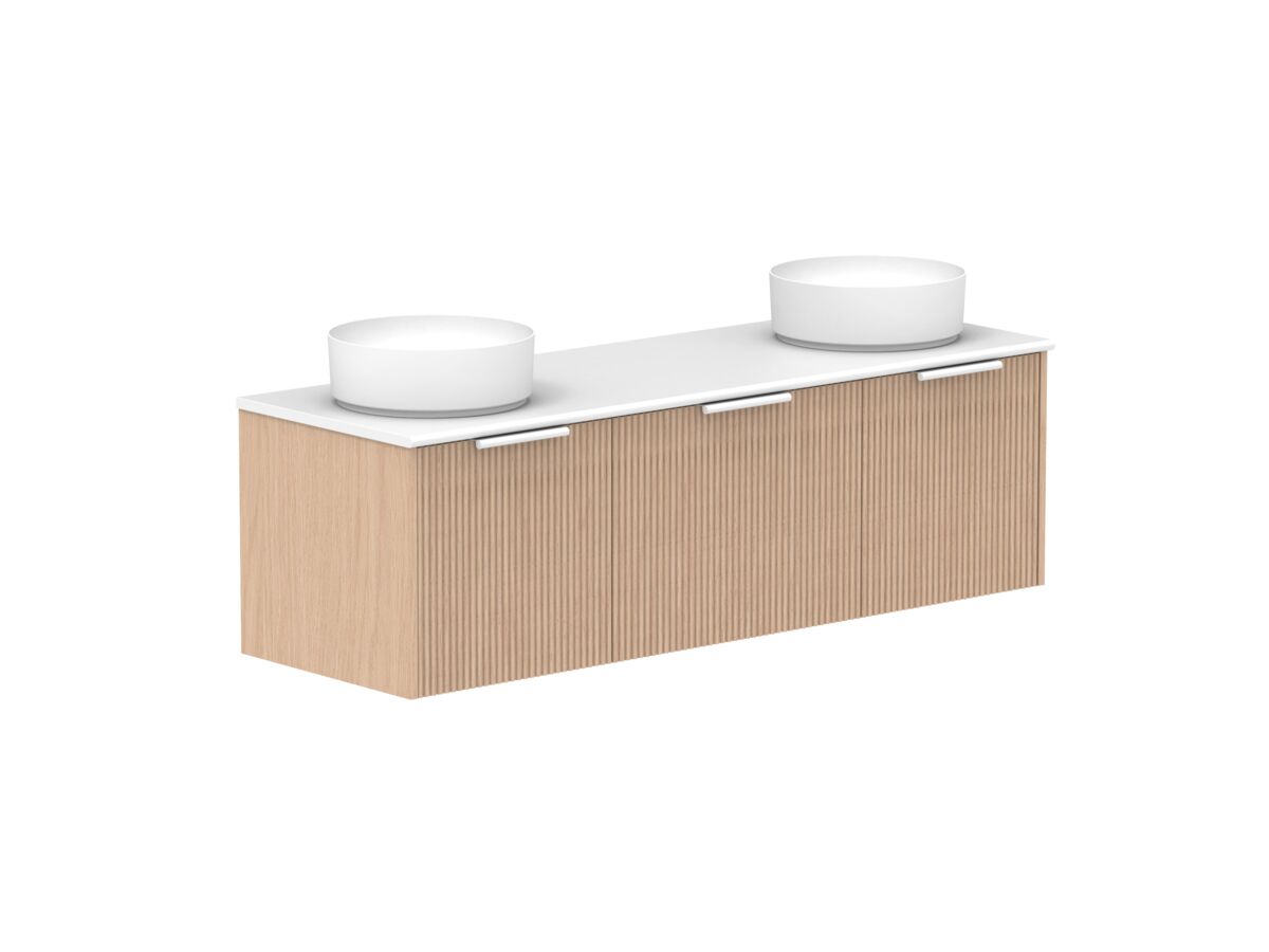 Supporting Image 2- Kado Neue Fluted Square All Drawer 1500mm Wall Hung Vanity with Double Basin 20mm Top Blonde Oak