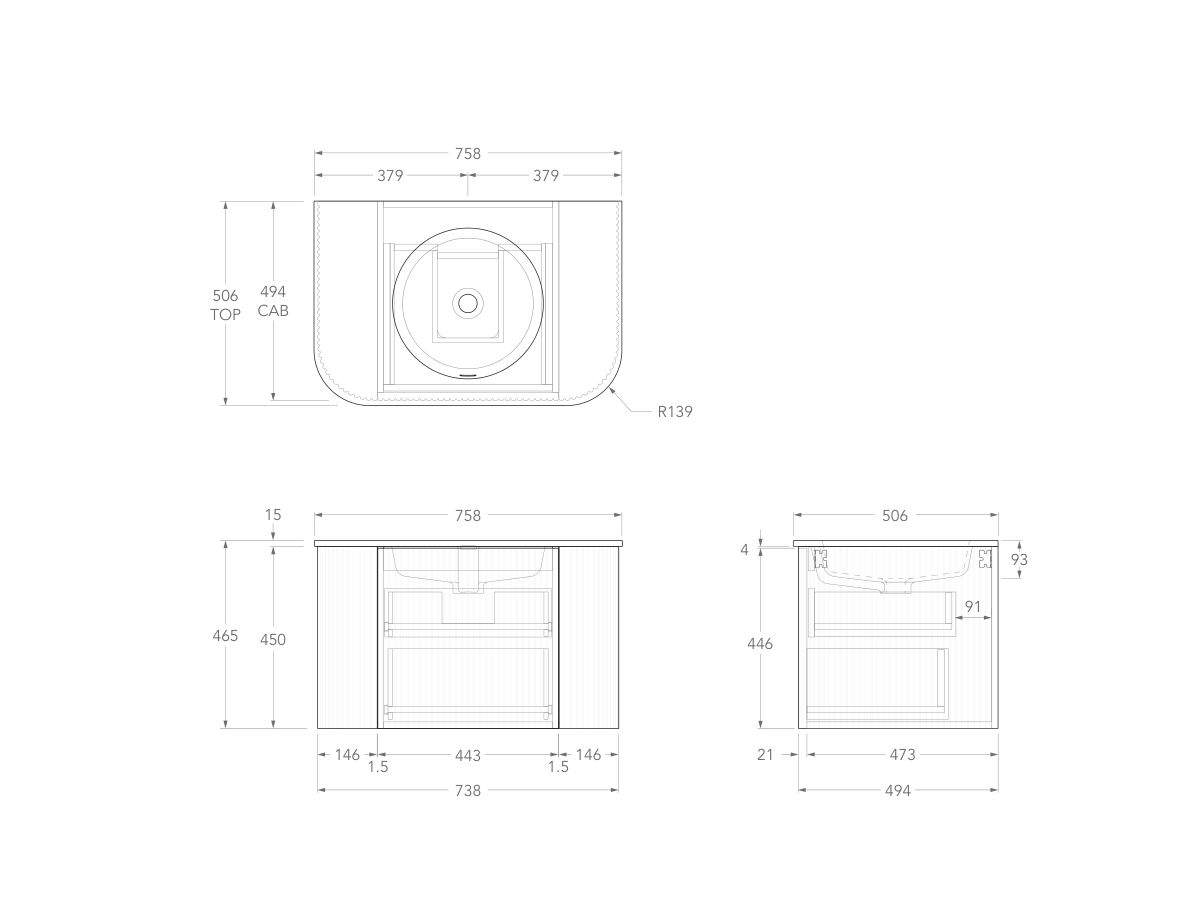 Technical Drawing - Kado Neue Fluted Double Curve All Drawer 750mm Wall Hung Vanity Centre Basin Matte White Ceramic Top