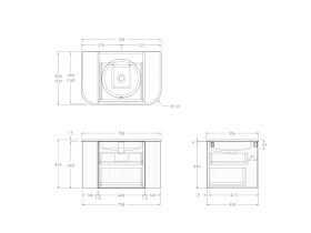 Technical Drawing - Kado Neue Fluted Double Curve All Drawer 750mm Wall Hung Vanity Centre Basin Matte White Ceramic Top