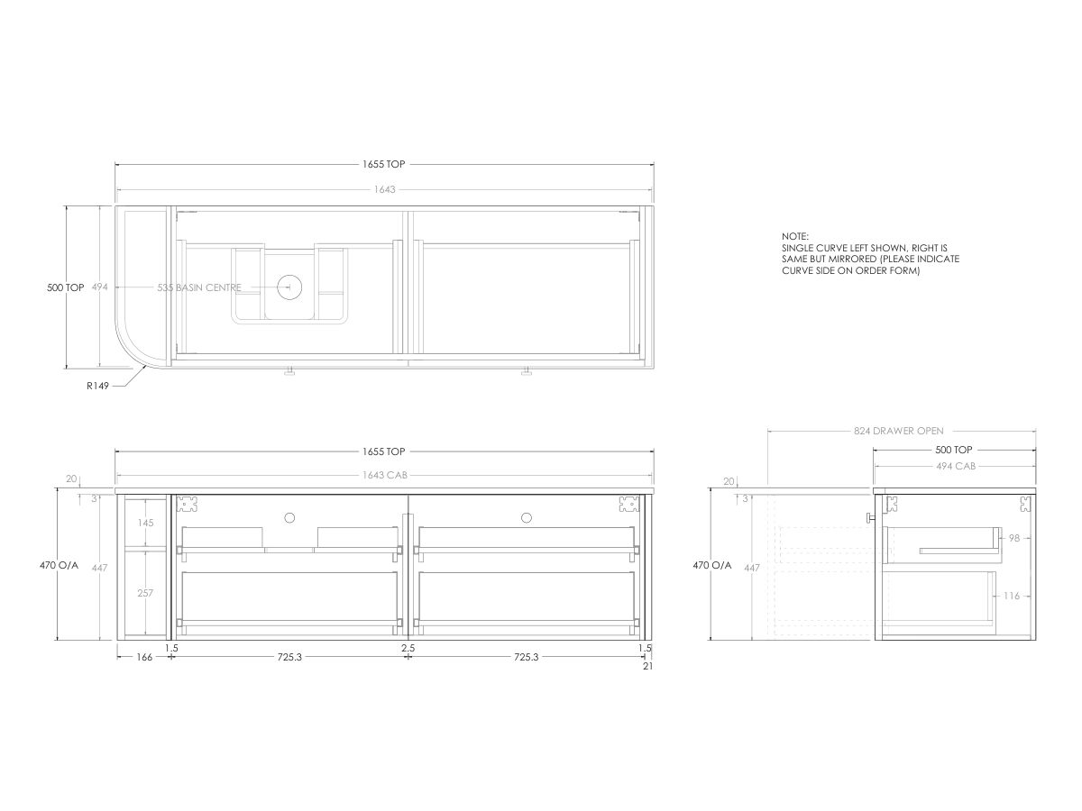 Technical Drawing - Kado Era Single Curve All Drawer 1650mm Wall Hung Vanity with Left Hand Basin 20mm Top