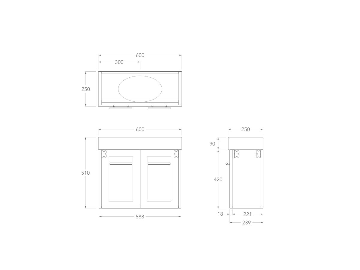 Kado Lux Petite Vanity Unit Wall Hung 600 Centre Bowl Statement Top (Basin Included)