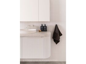 Kado Neue Fluted Double Curve All Drawer 1200mm Wall Hung vanity with Ultra White cabinets, 50mm Durasein benchtop in Winter Woods and Blaze handle in Matte White
