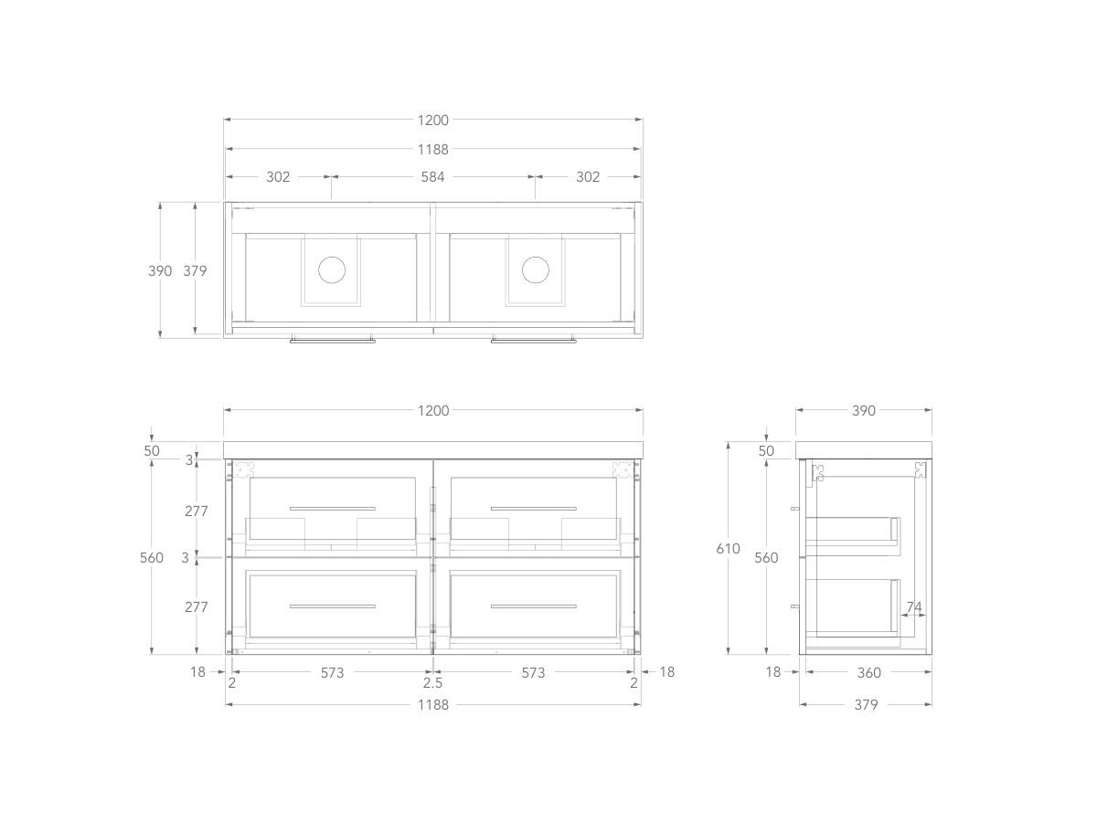 Technical Drawing - Kado Lux Ensuite All Drawer Twin 1200mm Wall Hung Double Basin 50mm Top