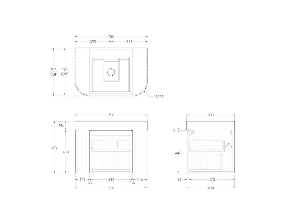 Technical Drawing - Kado Neue Fluted Double Curve All Drawer 750mm Wall Hung Vanity with Centre Basin Durasein 90mm Top