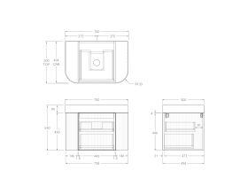 Technical Drawing - Kado Neue Fluted Double Curve All Drawer 750mm Wall Hung Vanity with Centre Basin Durasein 90mm Top