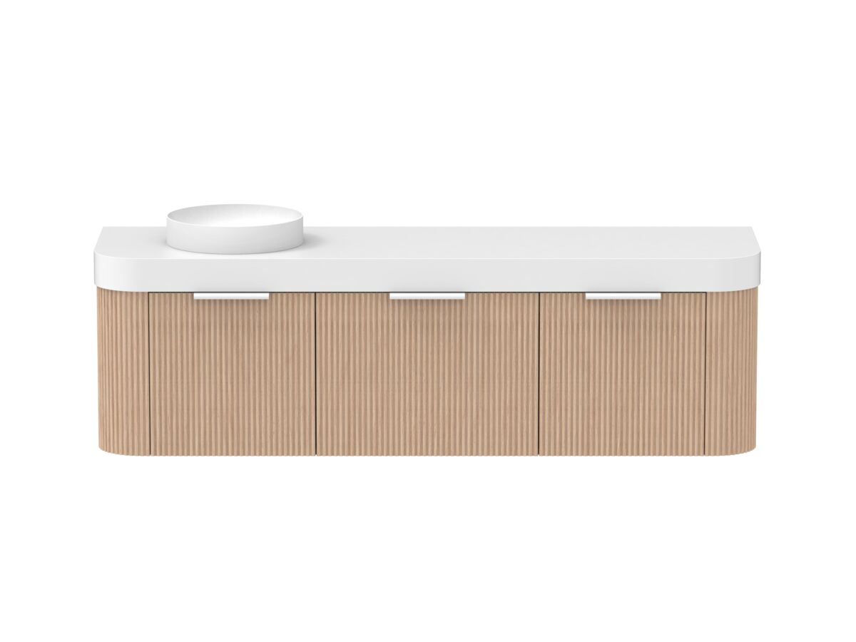 Supporting Image - Kado Neue Fluted Double Curve All Drawer 1800mm Wall Hung Vanity with Left Hand Basin Durasein 90mm Top Blonde Oak
