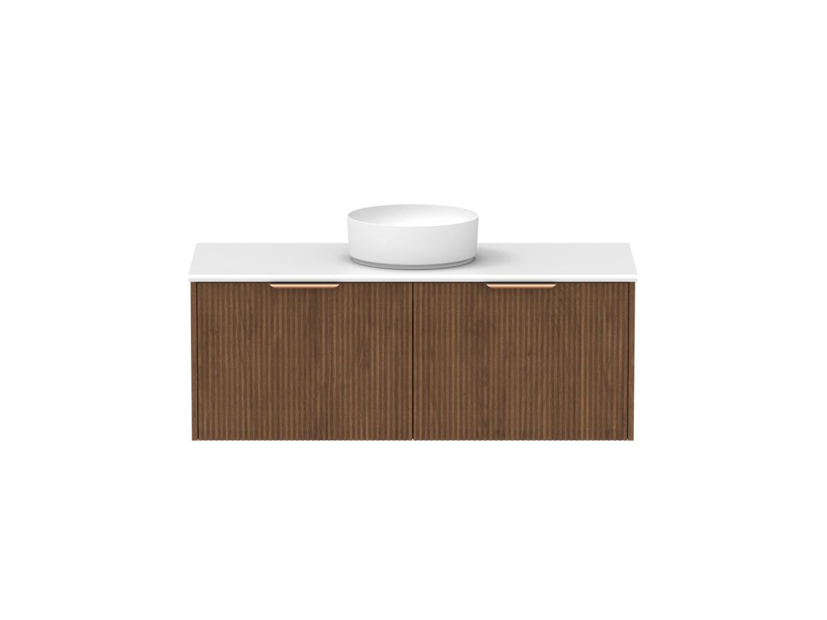 Supporting Image - Kado Neue Fluted Square All Drawer 1200mm Wall Hung Vanity with Centre Basin 20mm Top Florentine Walnut