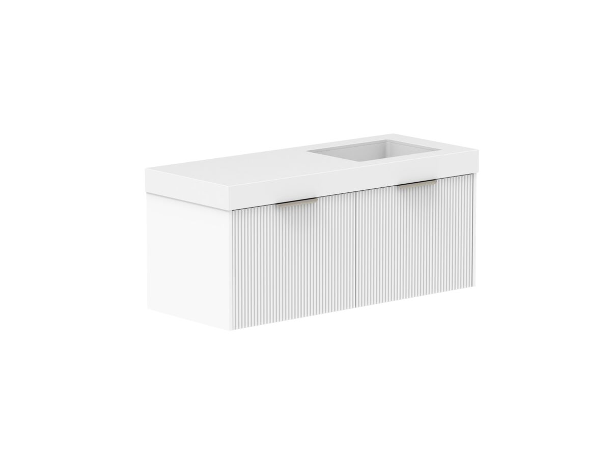 Supporting Image 2- Kado Neue Fluted Square All Drawer 1200mm Wall Hung Vanity with Right Hand Basin 90mm Top Ultra White