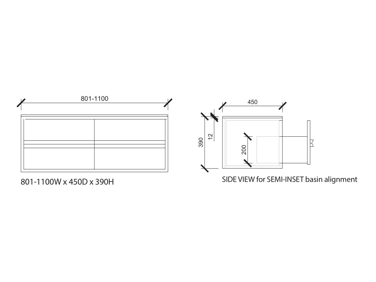 ISSY Z8 Custom Vanity Unit 801-1100mm (W) x 450mm (D) x 390mm (H) 3 Drawer Semi Inset Basin