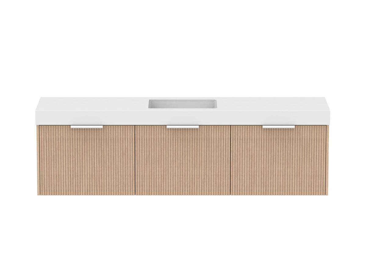 Supporting Image - Kado Neue Fluted Square All Drawer 1800mm Wall Hung Vanity with Centre Basin 90mm Top Blonde Oak
